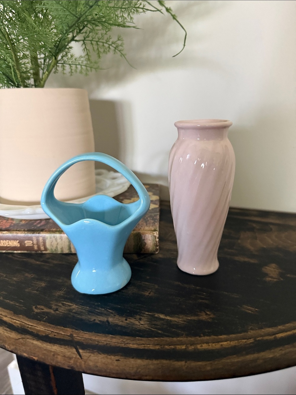 Pastel Blue Ceramic Basket & Blush Pink Ceramic Bud Vase - vintage